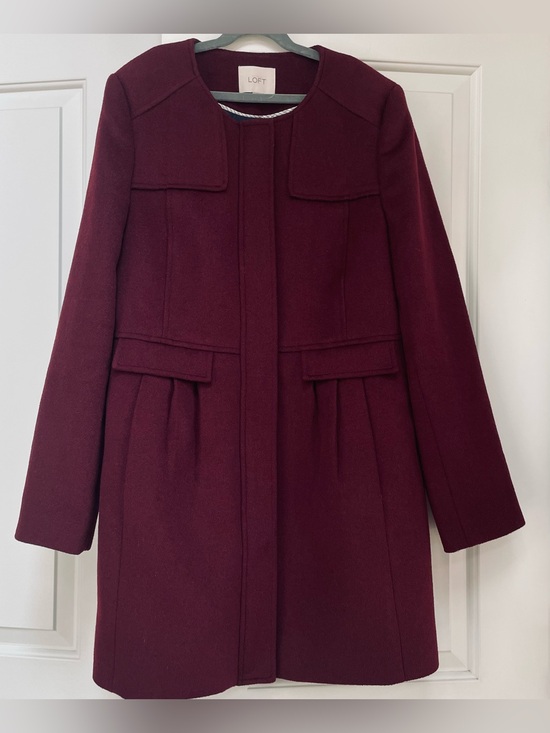 LOFT Jackets & Blazers - Loft Vintage Burgundy Wool Blend Zip Front Pockets Collarless Coat Fall Winter